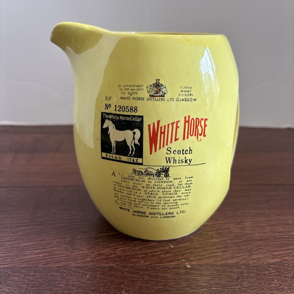 White Horse Scotch Whiskey Yellow Ceramic Pitcher Made In Japan Sticker